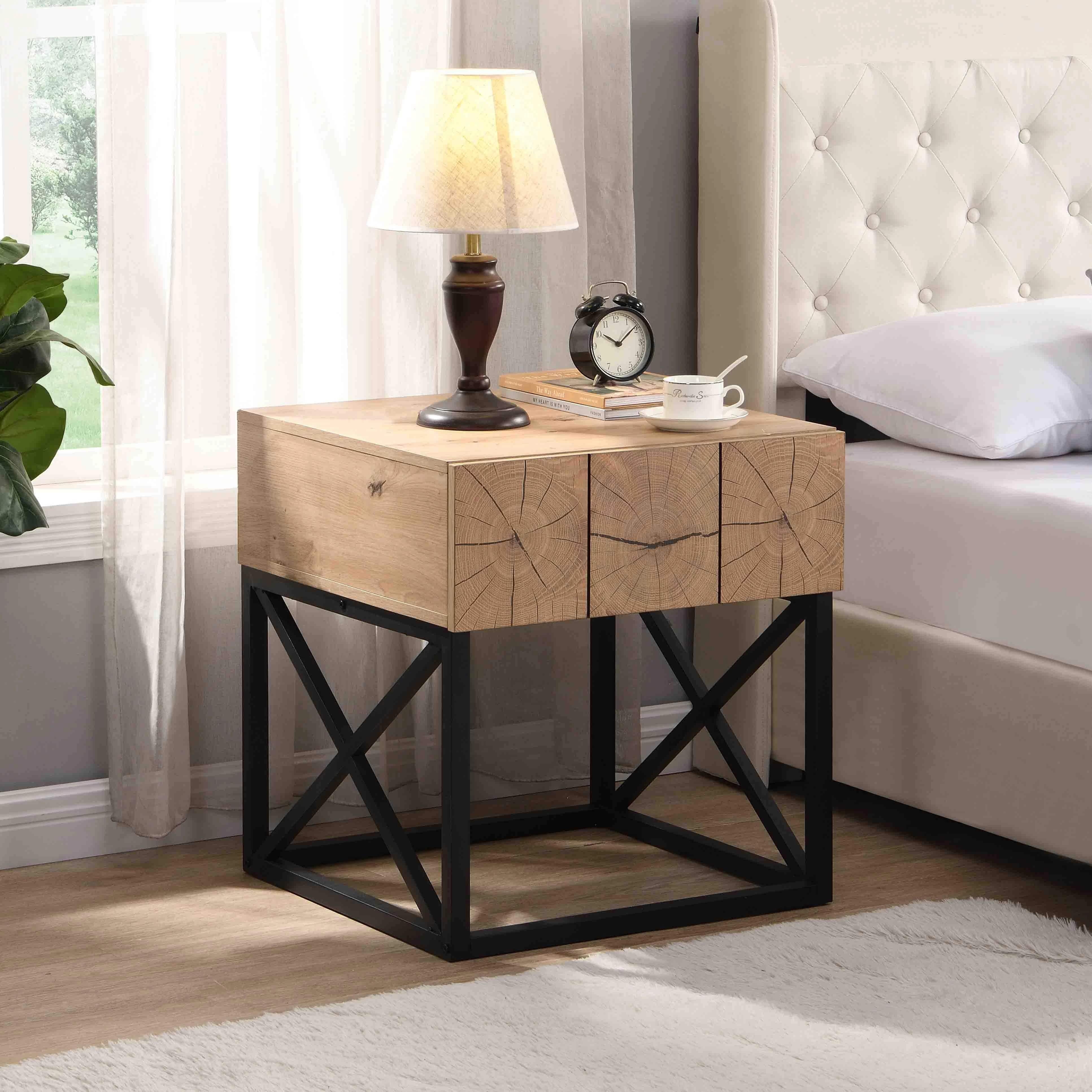 HLIVING 55cm Chic Night Stand with Drawer, Metal and Wood End Table,Industrial Bedside Table,Light Oak