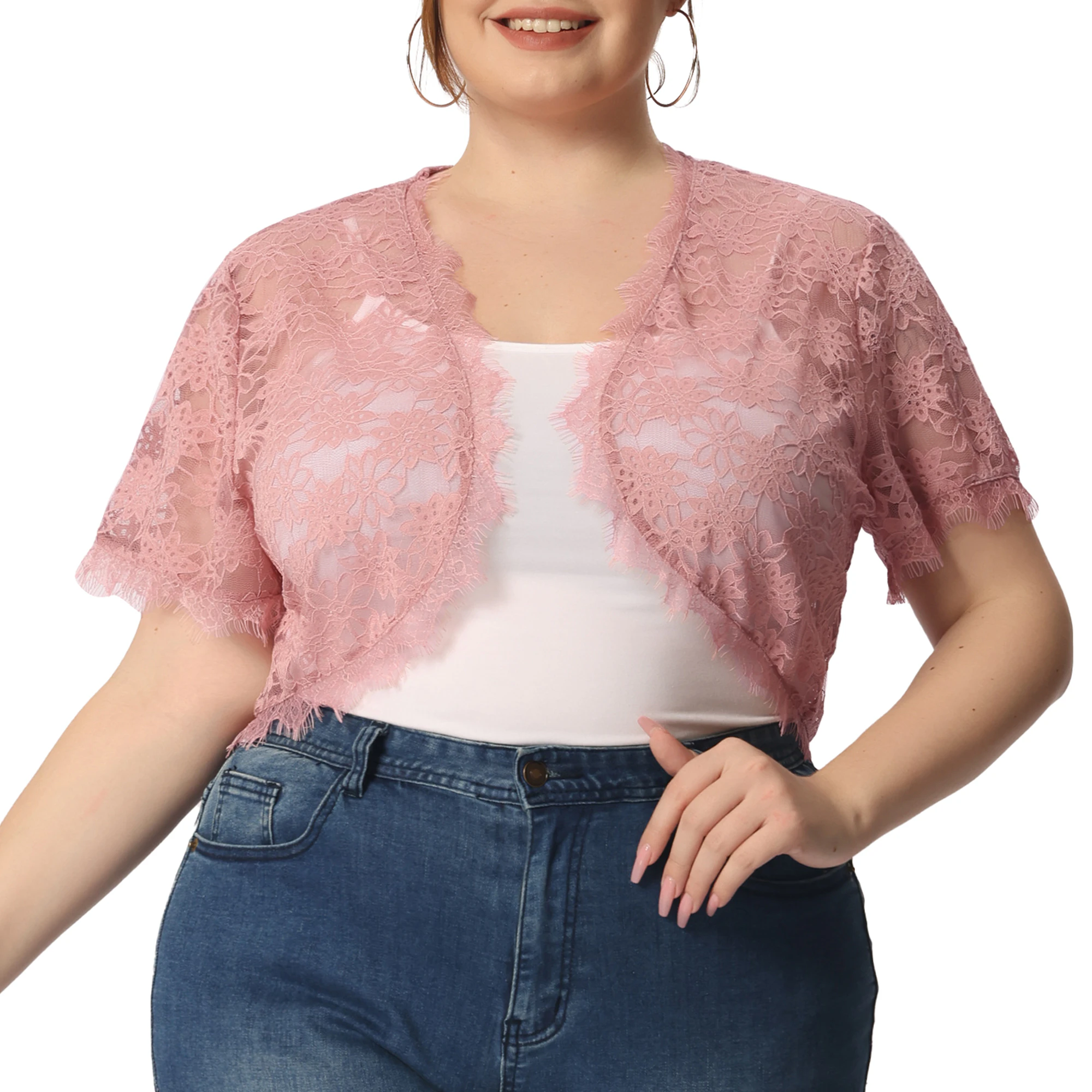 Agnes Orinda- Plus Size Short Sleeve Sheer Floral Lace Bolero Shrug