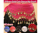 1X 3Rows Belly Dance Dancing Hip Scarf Belt Chain Skirt Golden Tone 98 Coin Bead