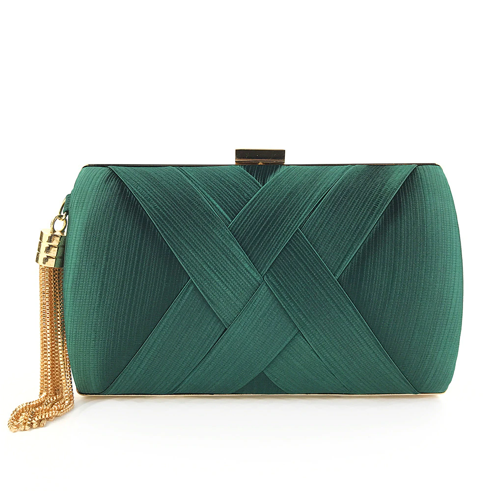 HGGQVVS Women's Elegant Tassel Pendant Silk Evening Bag Clutch Purse for Bride Dark green