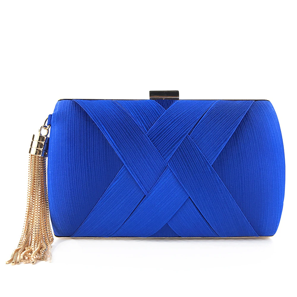 HGGQVVS Women's Elegant Tassel Pendant Silk Evening Bag Clutch Purse for Bride Blue