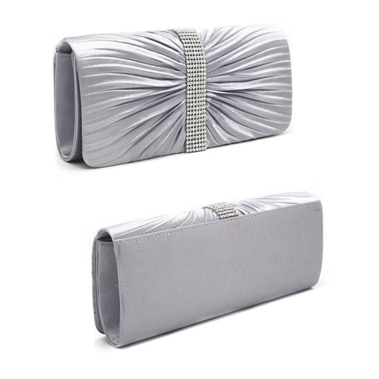 HGGQVVS Women Clutch Purse Pleated Rhinestones Wedding Formal Evening Bag Silver