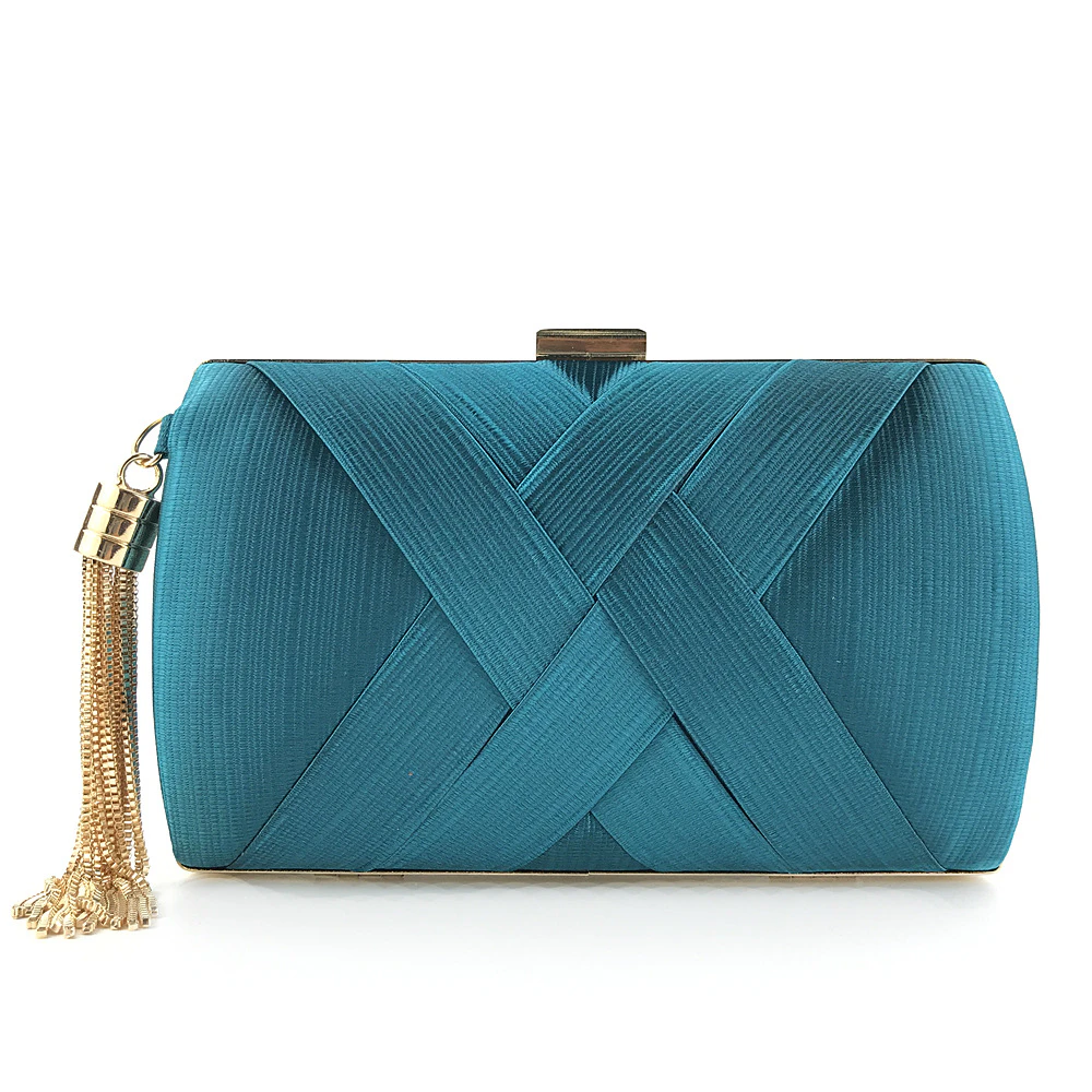 HGGQVVS Women's Elegant Tassel Pendant Silk Evening Bag Clutch Purse for Bride Lake blue