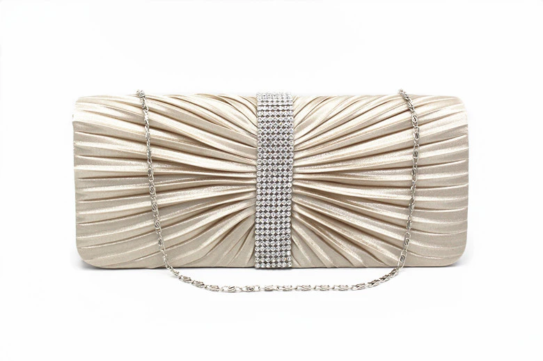 HGGQVVS Women Clutch Purse Pleated Rhinestones Wedding Formal Evening Bag Apricot