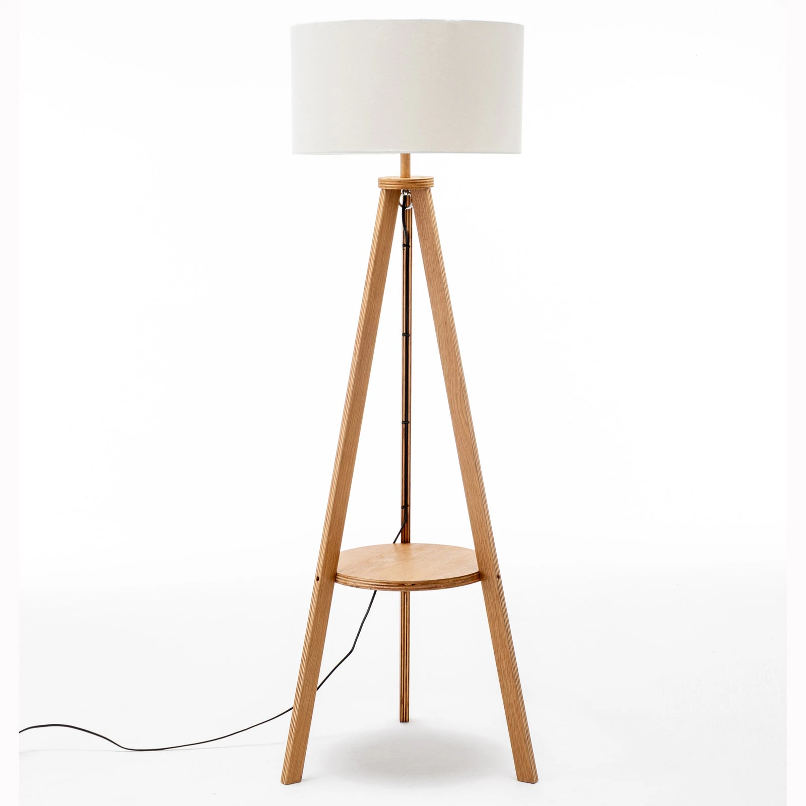 Rubberwood Wooden Tripod Floor Lamp Light Round Shelf Off White Linen Shade