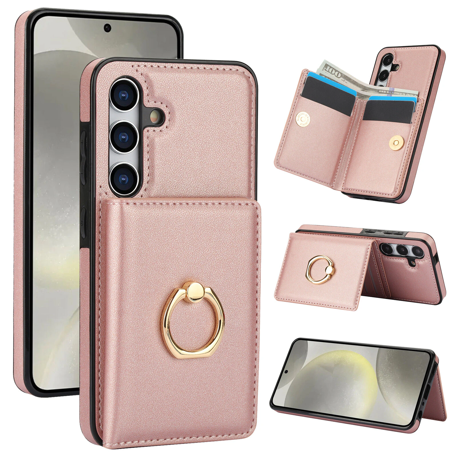 Samsung Galaxy A55 Case With Card Holder,Military Grade Drop Protection,Protective Shockproof Cover For Women Men-Rose Gold