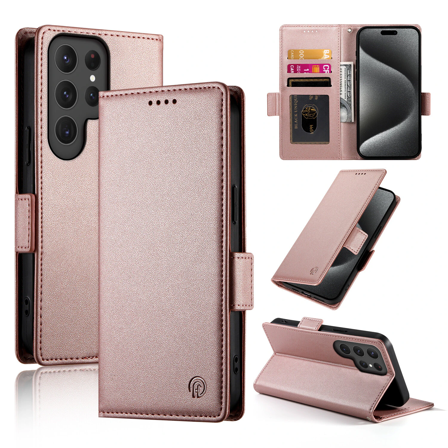 Wallet Case For Samsung Galaxy S24 Ultra,Slim Protective Shockproof Case With RFID Blocking,Premium PU Leather Kickstand-Rose Gold