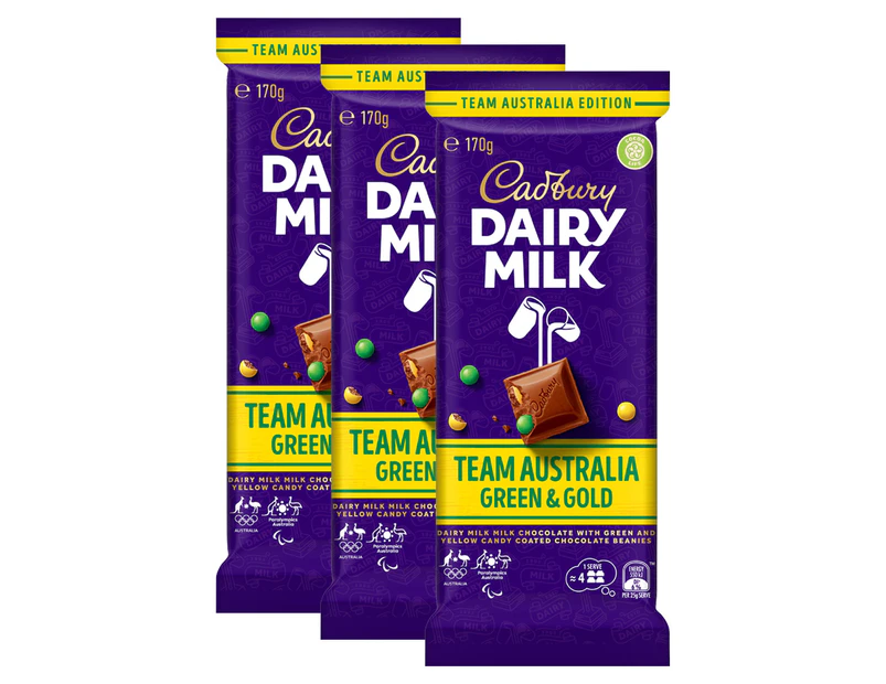 3 x Cadbury Dairy Milk Team Australia Green & Gold Chocolate 170g