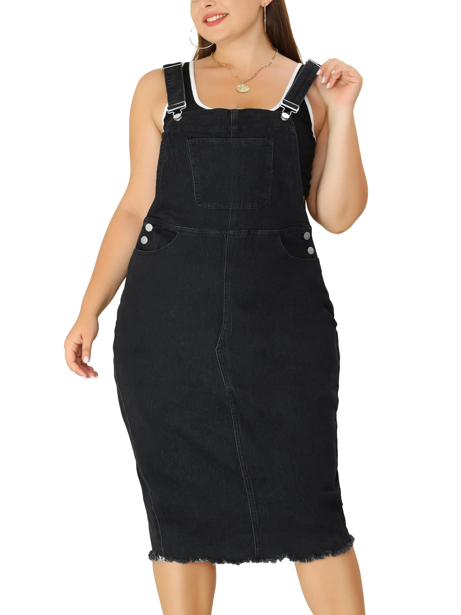 Agnes Orinda- Plus Size Adjustable Strap Back Slit Distressed Denim Overall Dress