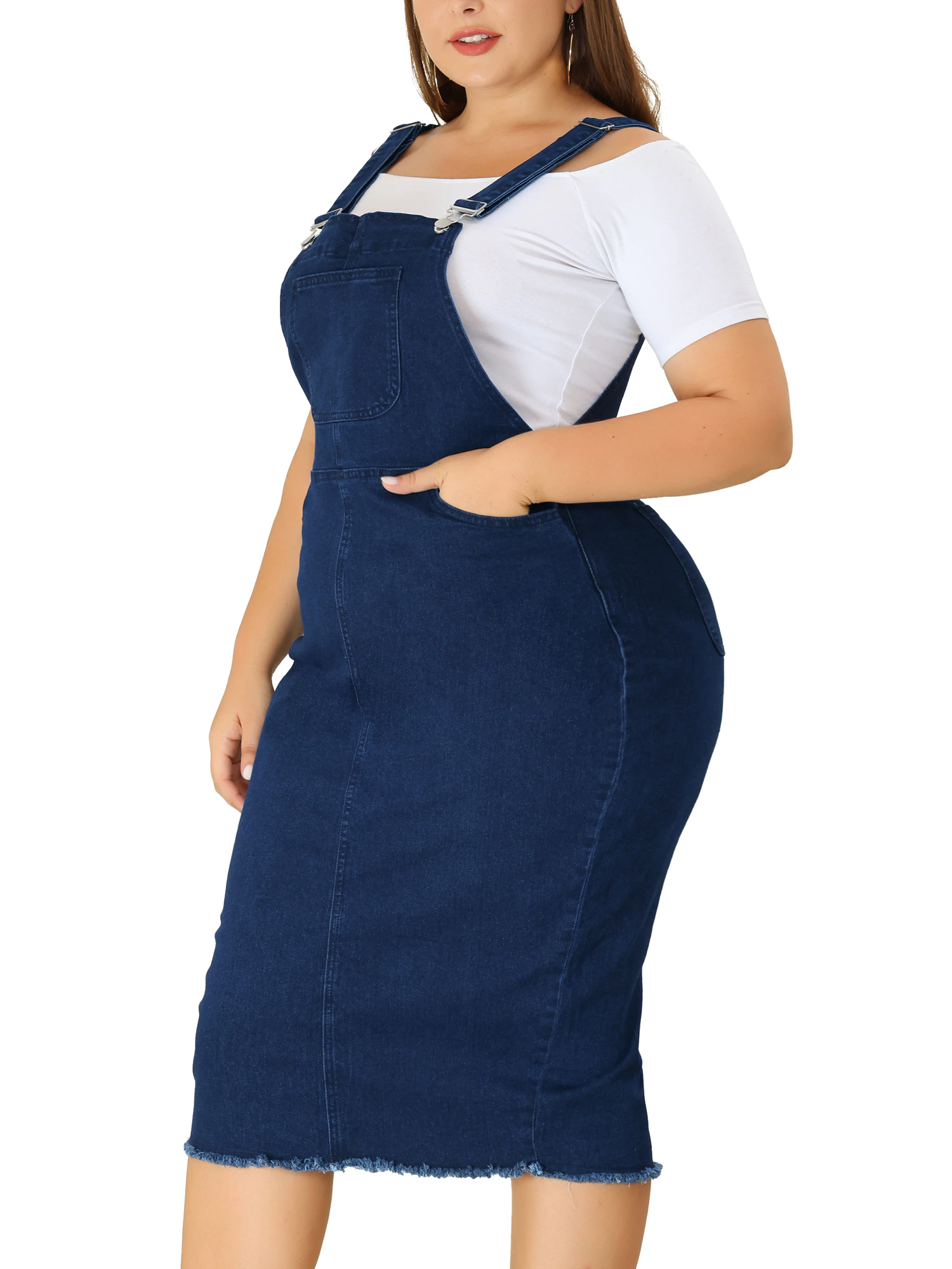 Agnes Orinda- Plus Size Adjustable Strap Back Slit Distressed Denim Overall Dress