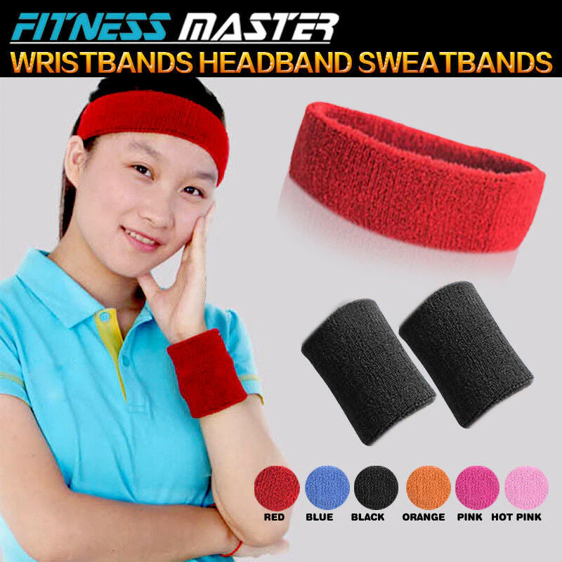 Wristbands Headband Sweatbands Sweat Bands Cotton Sport Tennis Badminton Yoga BLACK 3PCS SET