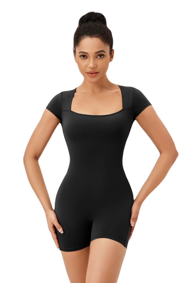 Women Short Sleeve Quick Dry Shapewear Bodysuits Square Neck Body Shaper Sculpting Jumpsuit for Womens-Black