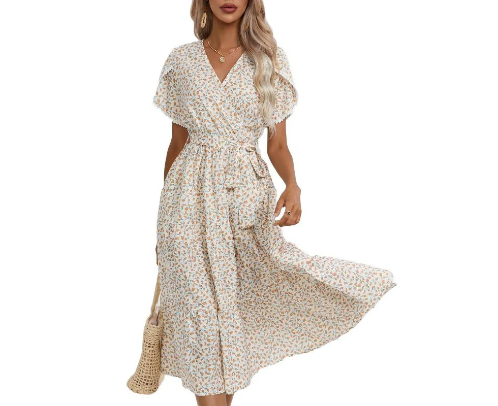 Split Sleeves Flower Printed Long Dress - White