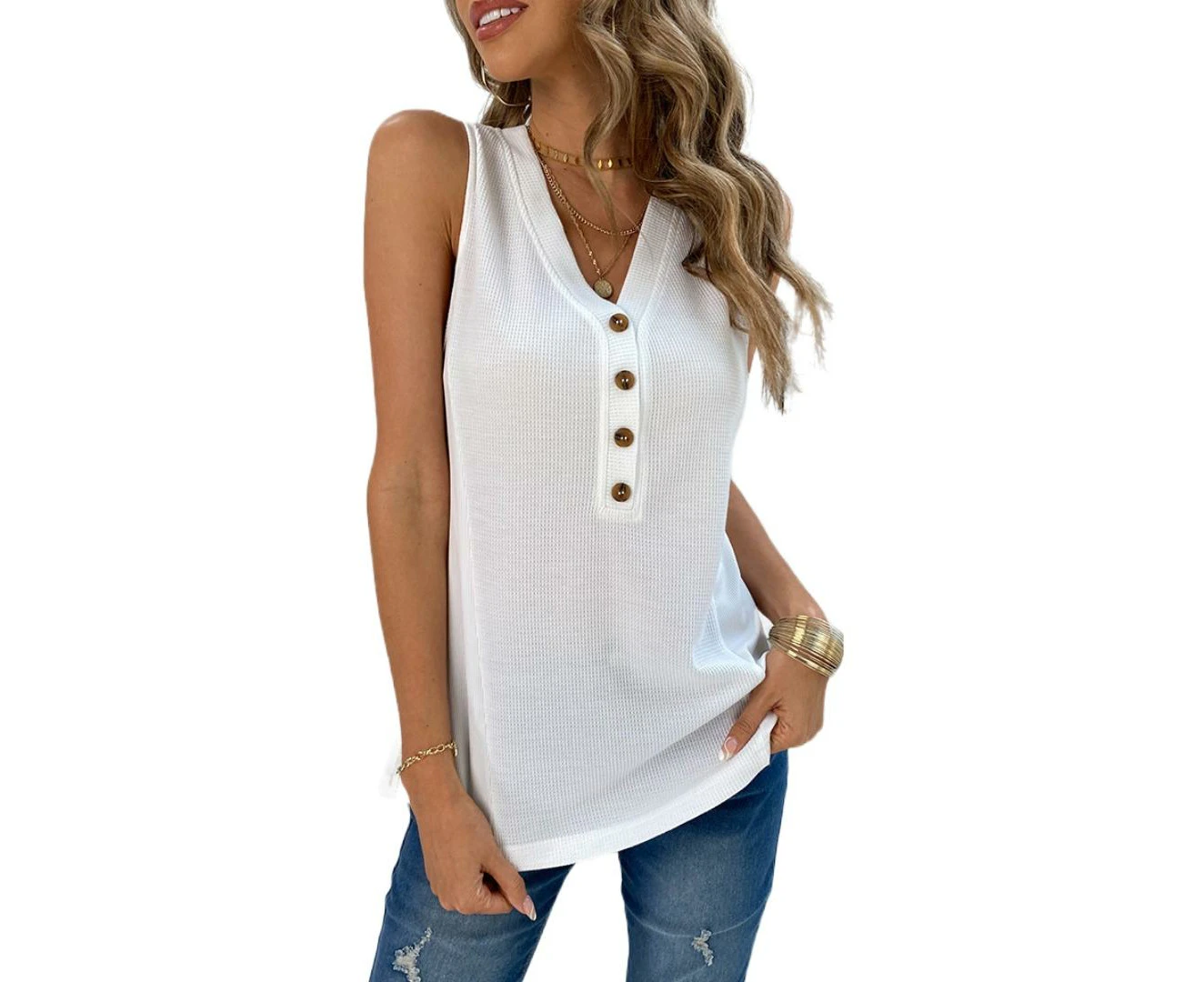 V-Neck Sleeveless Button Vest - White