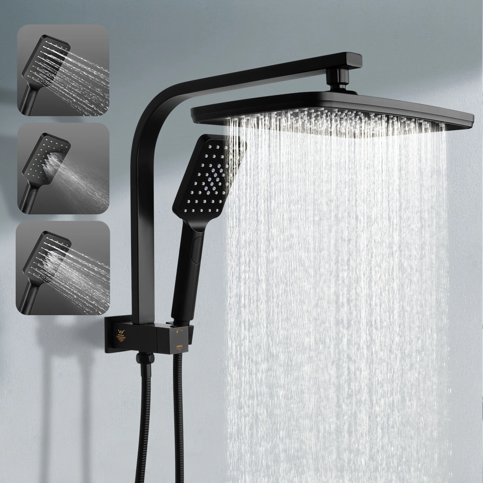 ACA Shower heads set WELS 12 inch Rain Shower head Handheld heads Rectangle Bathroom Shower High Pressure Black