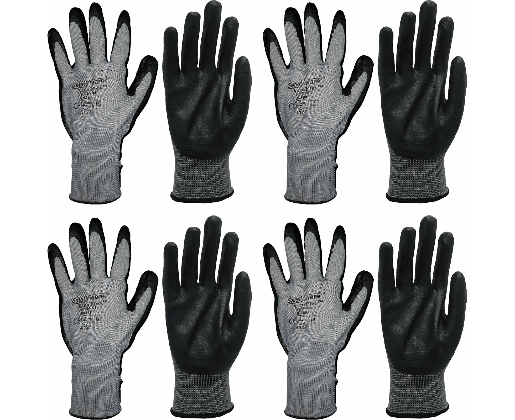 4 Pair Safetyware XtraFlex Nitrile Grip Safety Work Gloves Palm Coated Bulk for Gardening Mechanic Construction General Purpose