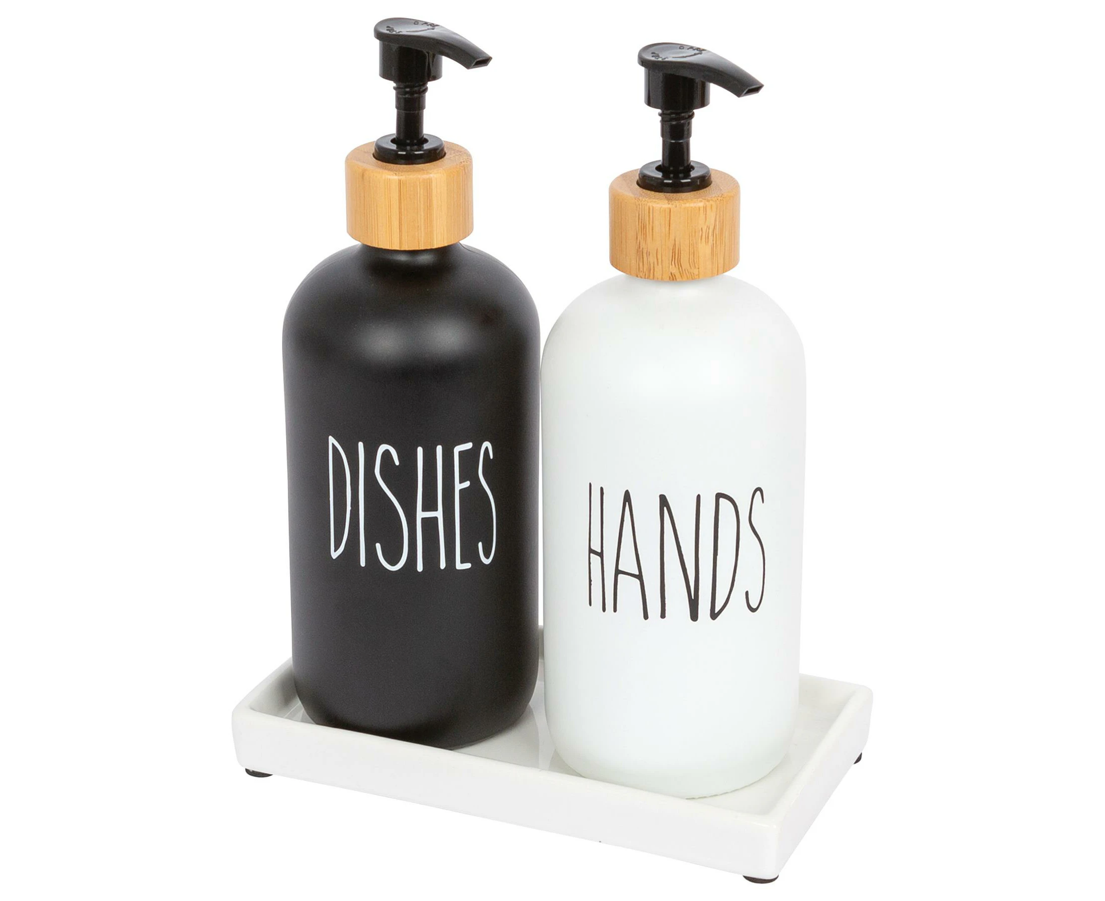 2pc Glass Hand & Dish Soap Dispenser Set with Ceramic Tray - 500ml - White/Black