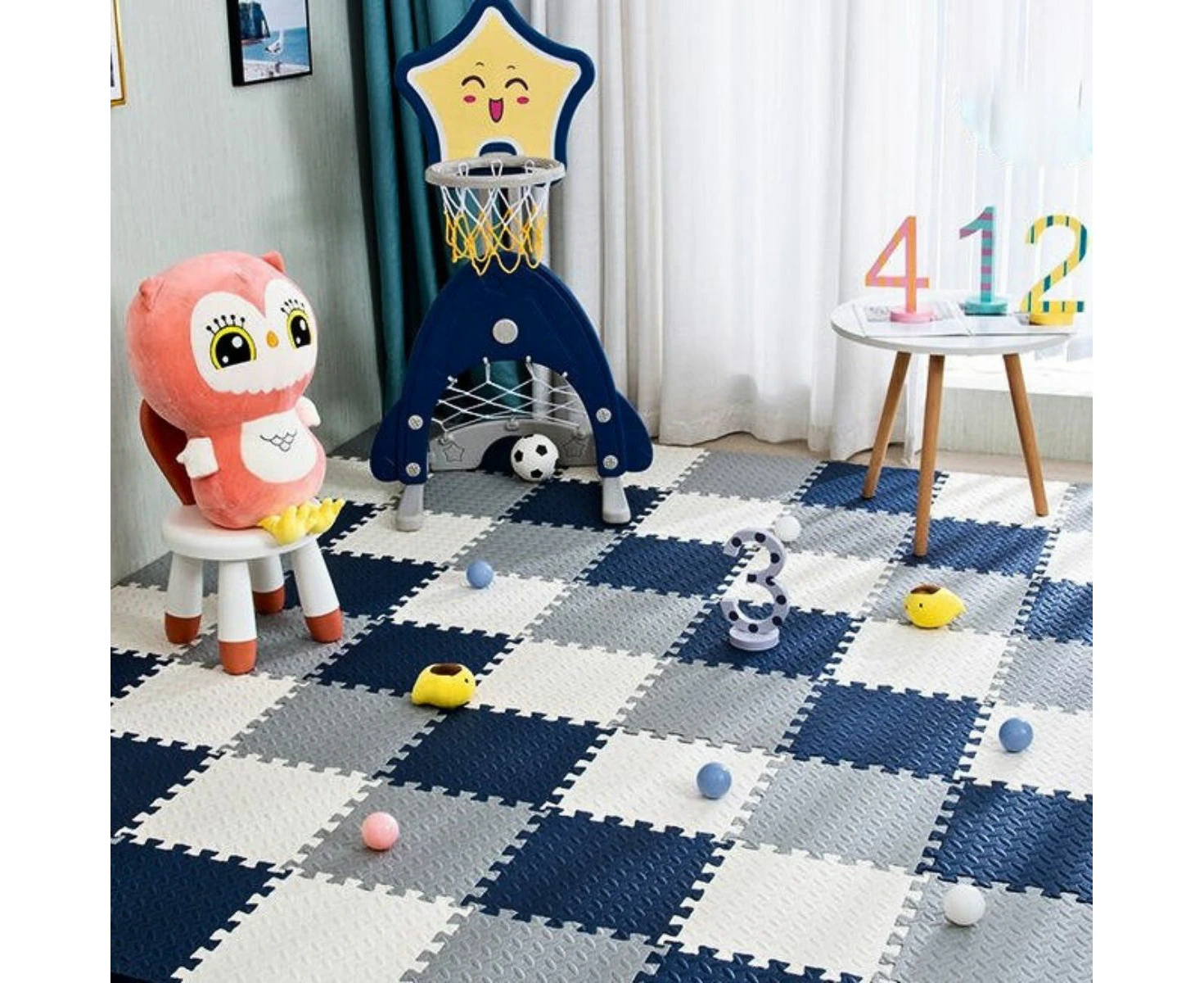 BabiesMart SoftSteps Baby Play Mat Interlocking & Durable Foam Mats - Dark Blue + Grey + White