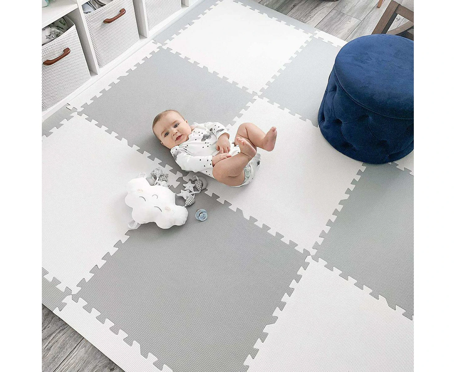 Babiesmart Baby Play Mat Safe Foam Mat Large 60 x 60 x 1 CM Puzzle Tiles - Grey + White