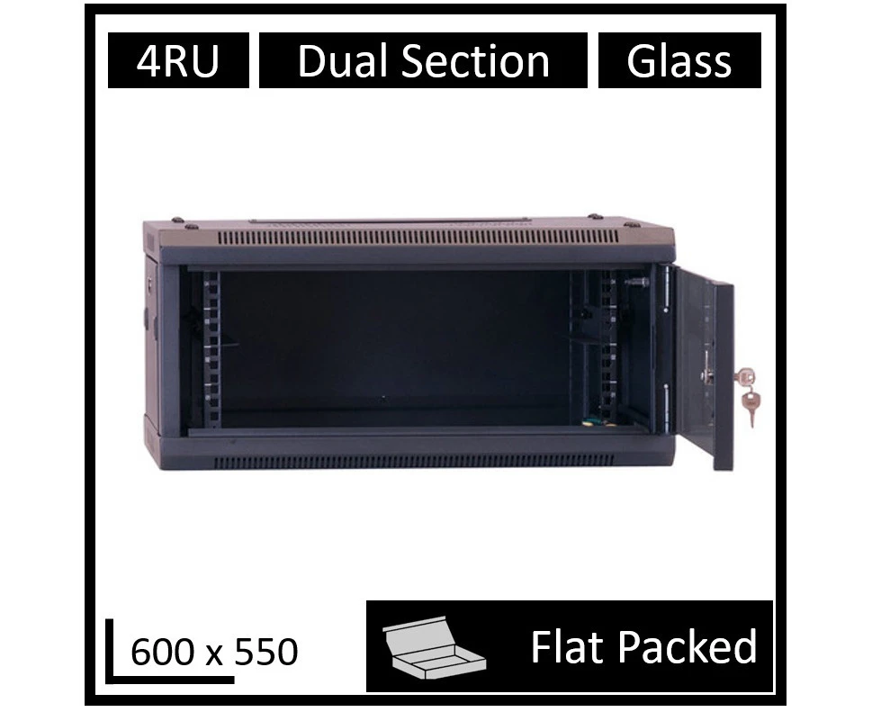 LDR Flat Packed 4U Hinged Wall Mount Cabinet (600mm x 550mm) Glass Door - Black Metal Construction - Top Fan Vents - Side Access