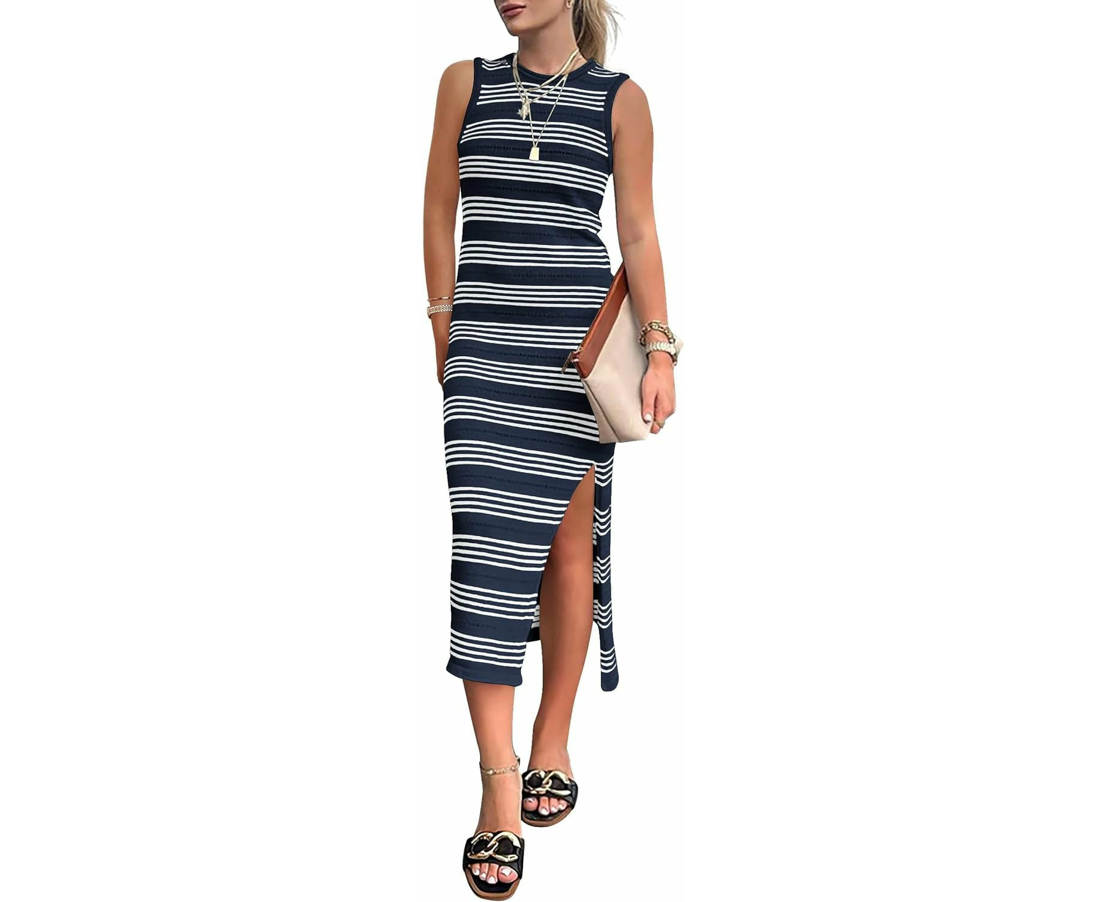 Cutebean Womens Knit Side Slit Striped Long Tank Dress