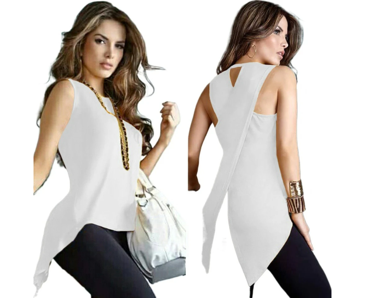 Cutebean Women Asymmetry Tank Tops O-Neck Summer Split Sleeveless Vest Long Irregular T-Shirt