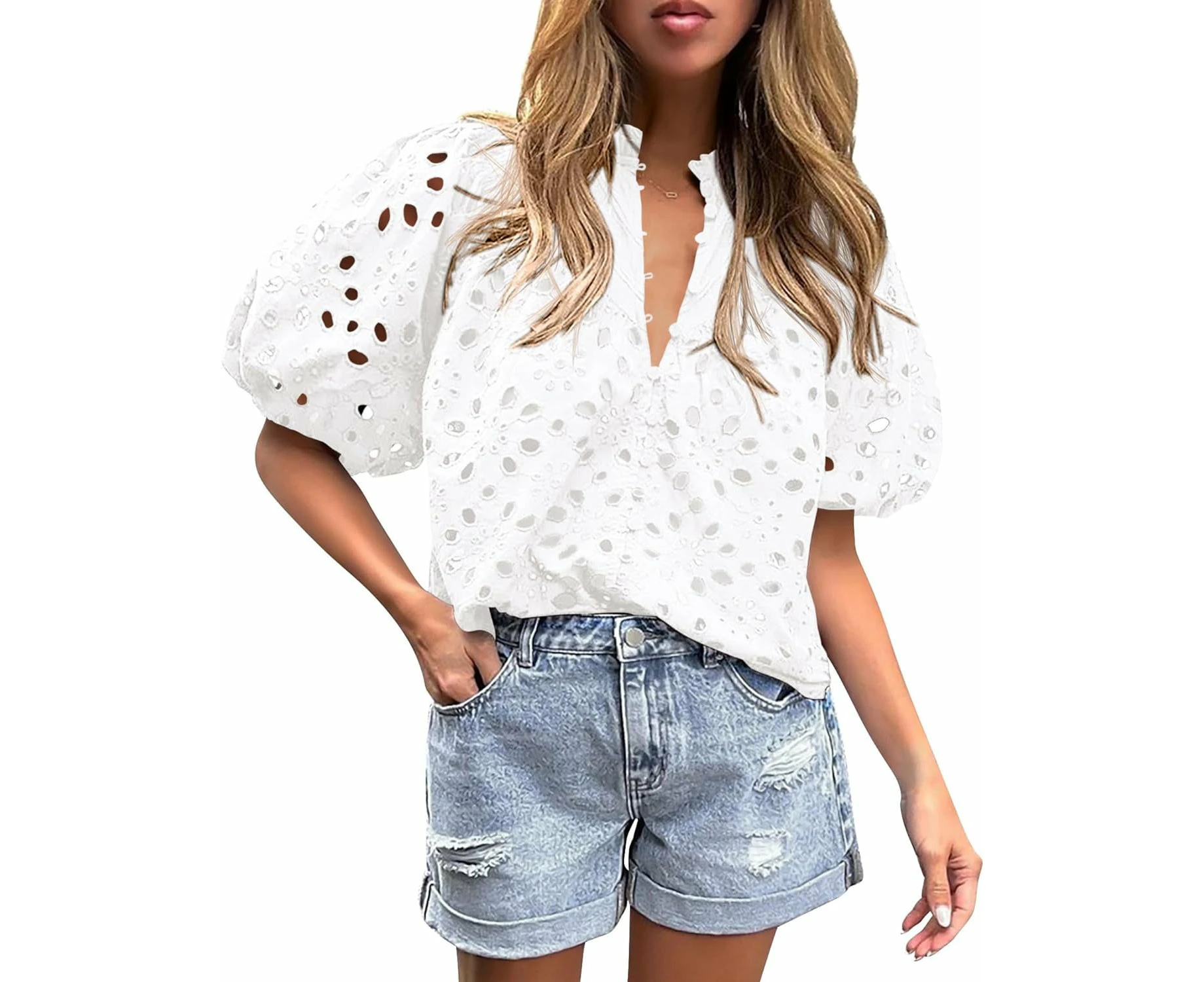 Cutebean Womens Hollow Out Lace Embroidered Blouse Shirts