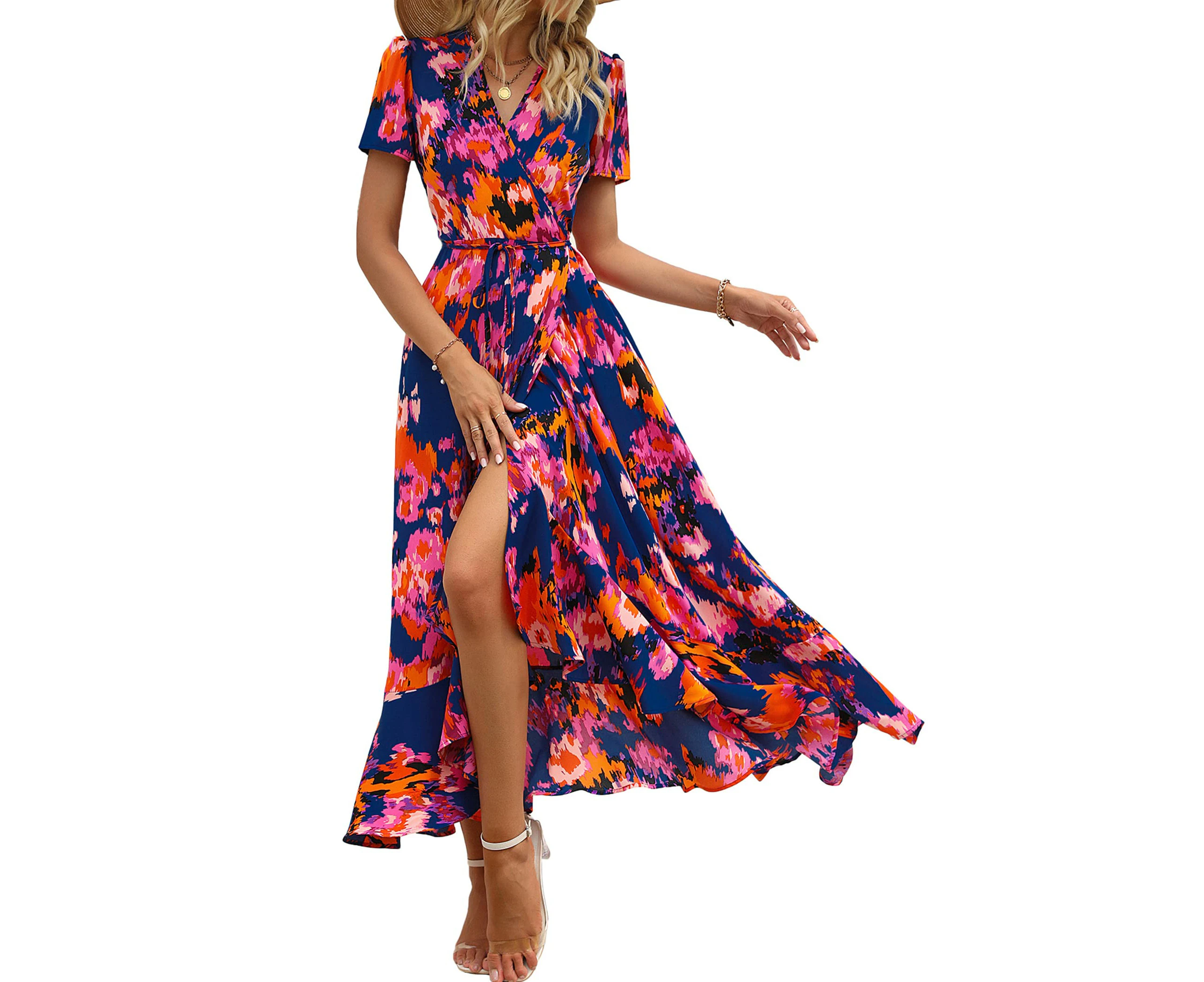 Cutebean Womens Summer Wrap Maxi Dress Casual Boho Floral V Neck Short Sleeve Long