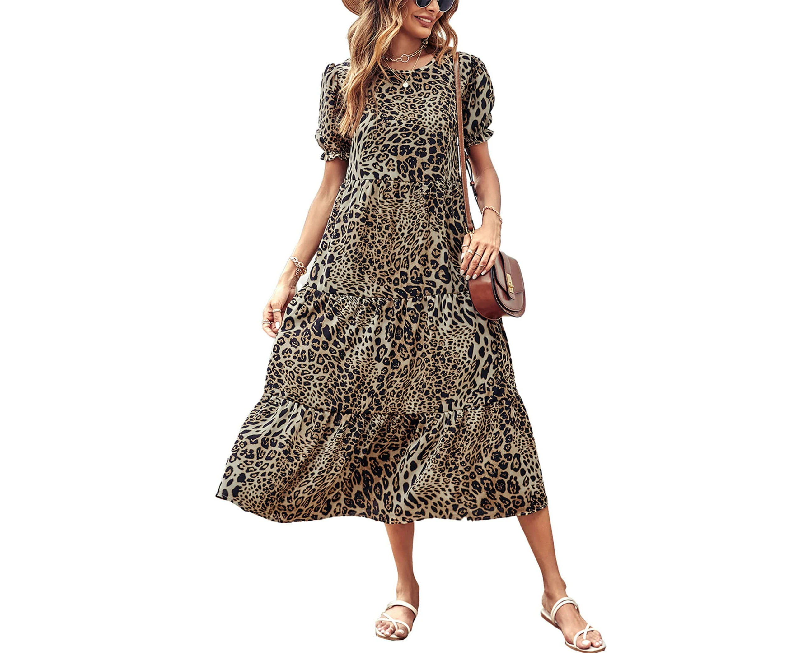 Cutebean Women's Summer Leopoard Boho Dress Floral Ruffle Puff Sleeve High Waist Midi Beach Dresses