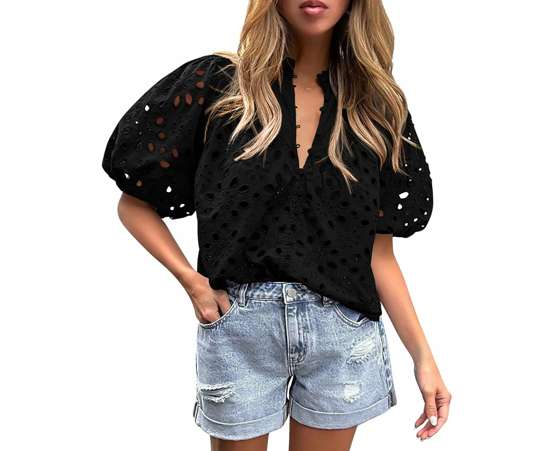 Cutebean Womens Hollow Out Lace Embroidered Blouse Shirts