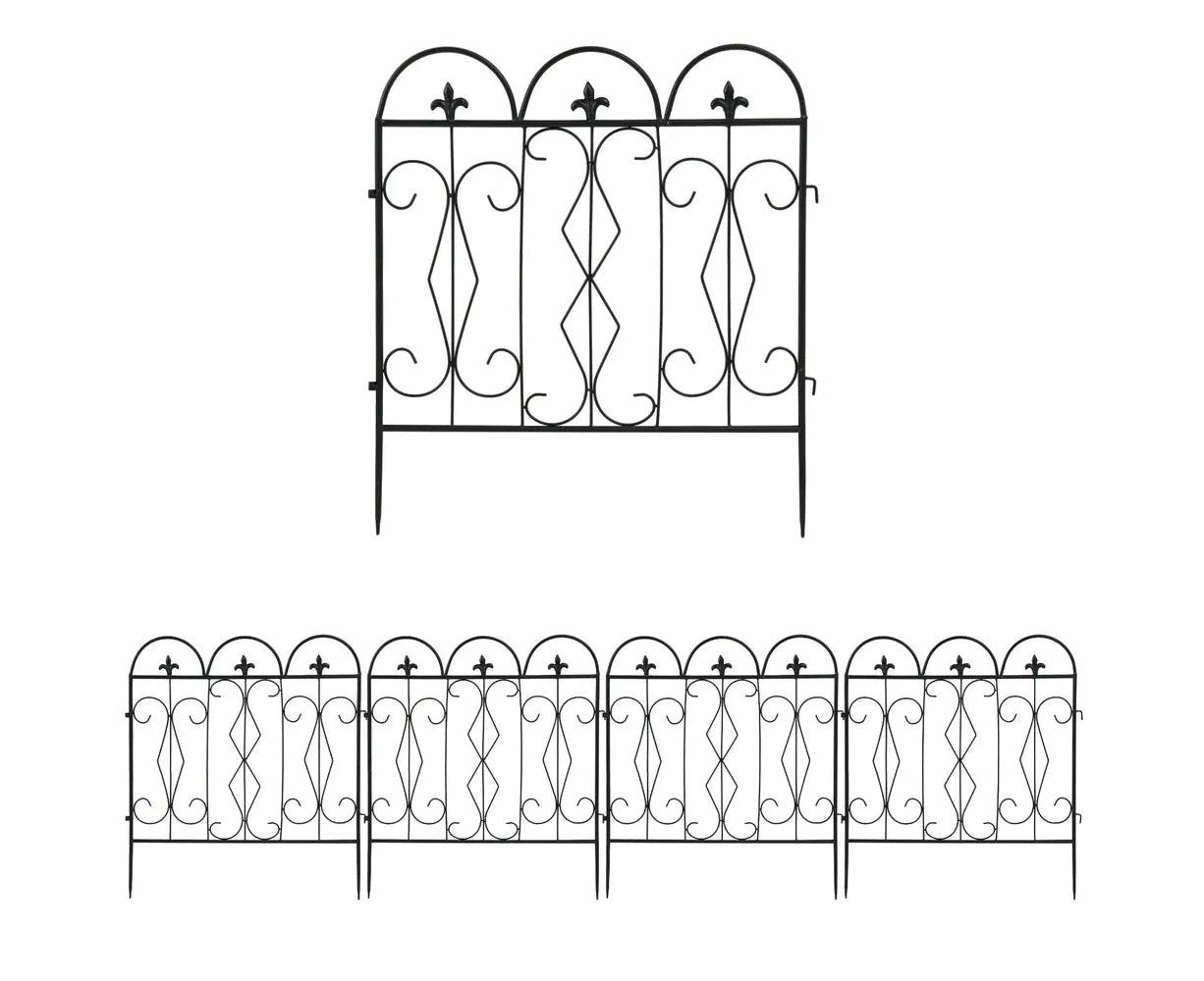 5-Set Black Powder-Coated Cast Iron Garden Fence Panels