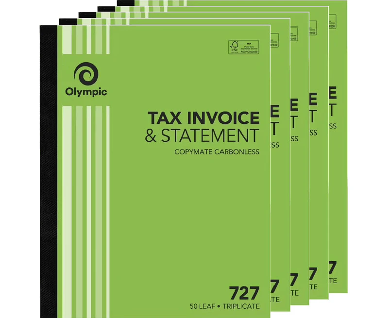 5 Pack Olympic 727 Triplicate Tax Invoice & Statement Book Carbonless Bulk