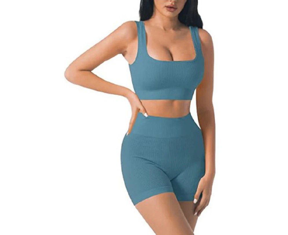 2 Piece - Sports Bra and Shorts Activewear Set - Blue - Blue