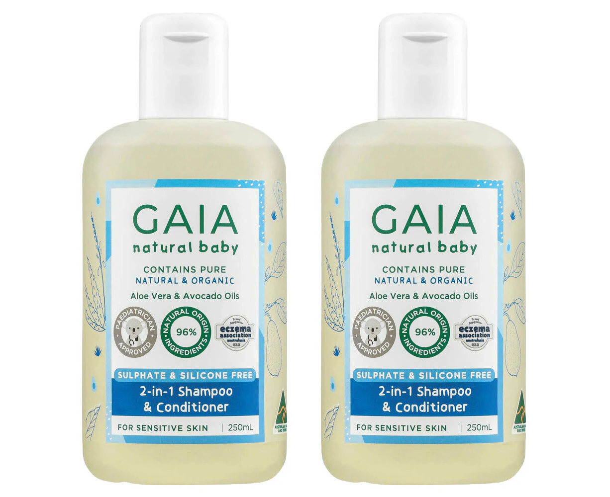 2x Gaia Natural Baby 2-In-1 Silicone Free Gentle Shampoo and Conditioner 250ml