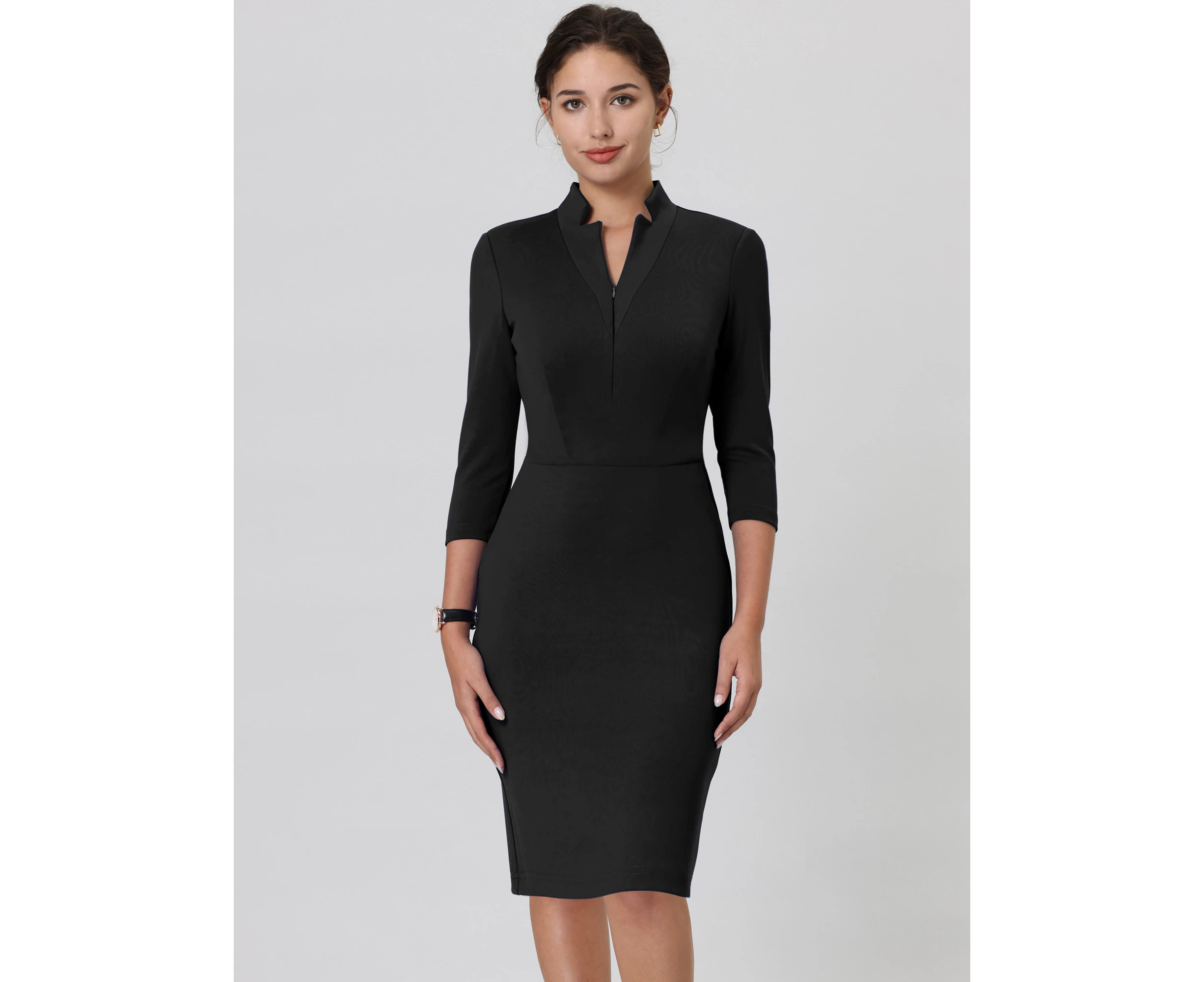 Hobemty Knee Length Zipper Neck Business Dress