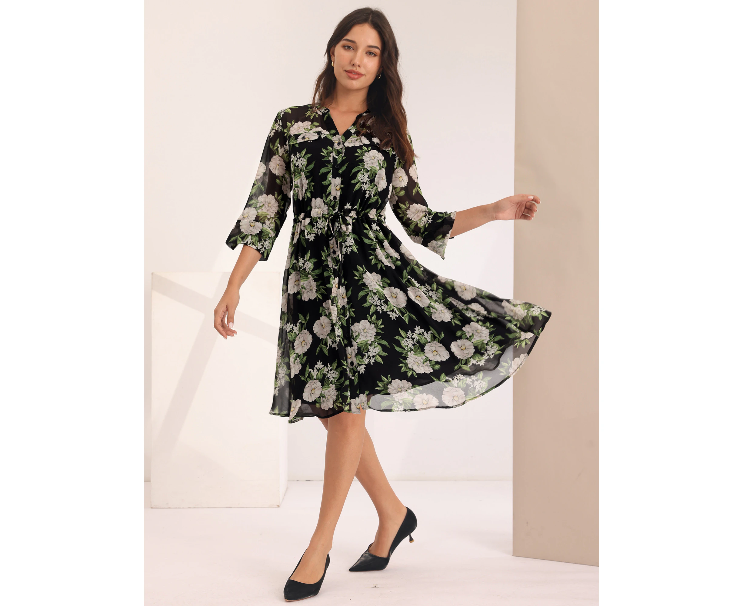 Hobemty Floral 3/4 Sleeve Button Down Shirt Dress