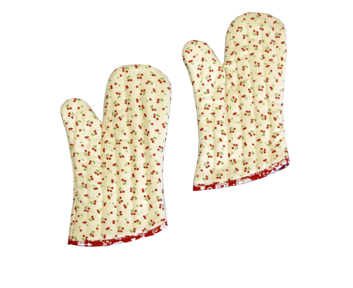 Set of 2 100% Cotton Printed Oven Mitts 34 x 15 cm Cream Cherries