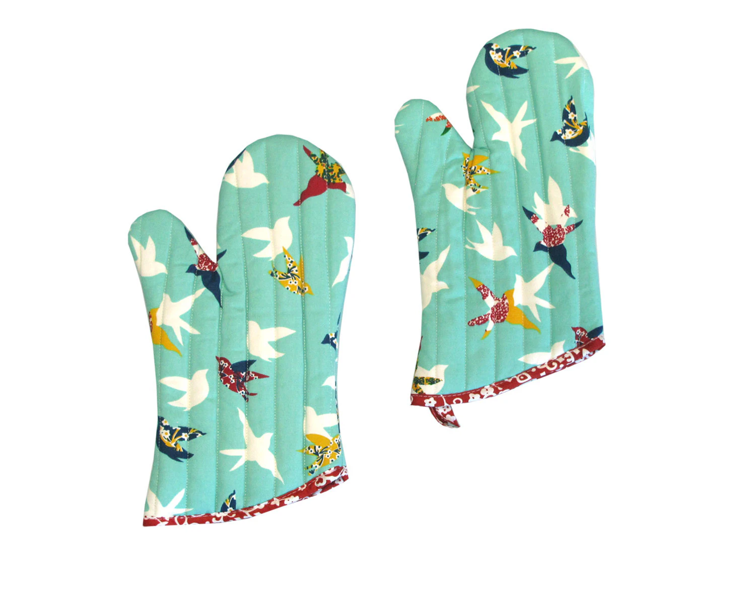 Set of 2 100% Cotton Printed Oven Mitts 34 x 15 cm Aqua Birds