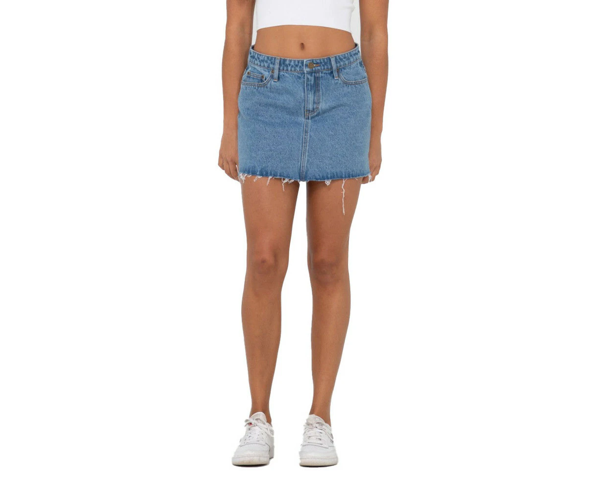 Rusty Celeste Low Rise Denim Mini Skirt Womens in Sea Blue