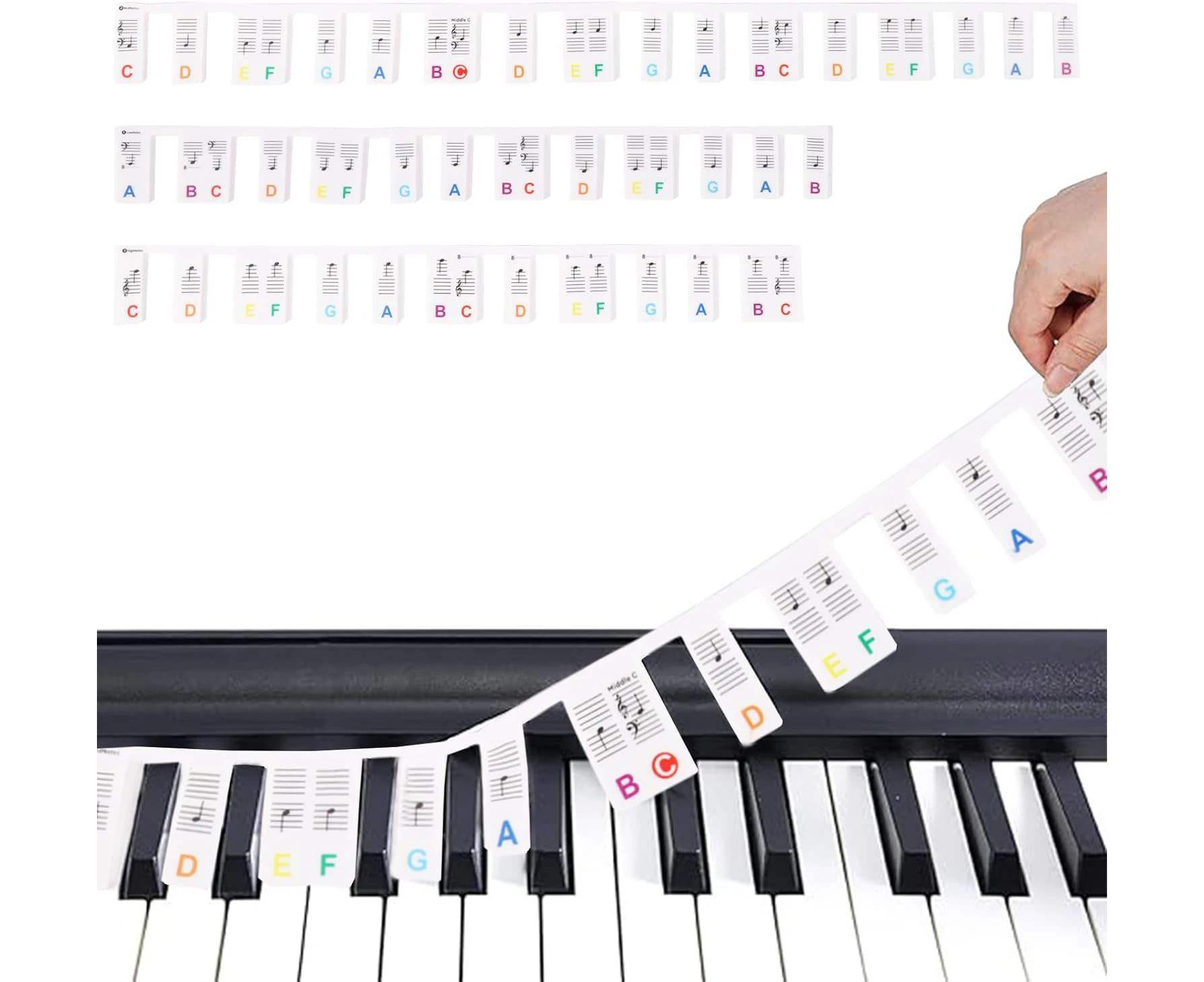 88keys Silicone Piano Keyboard Note Labels Removable Set Piano Practice Note Chart without Stickers-Colorful