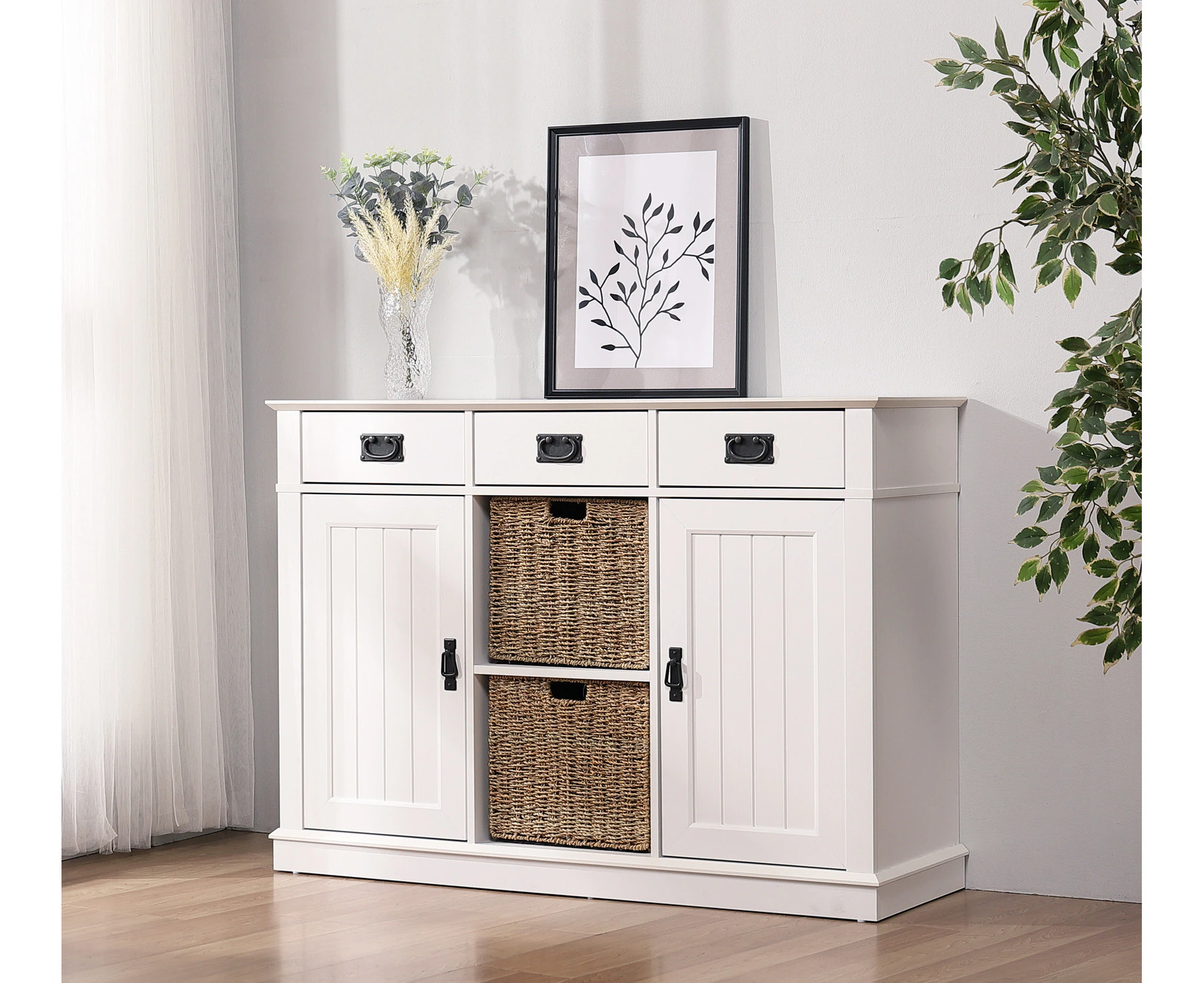 Cosmoliving Buffet Sideboard White 3 Drawer Storage with 2 Sea Grass Storage Basket