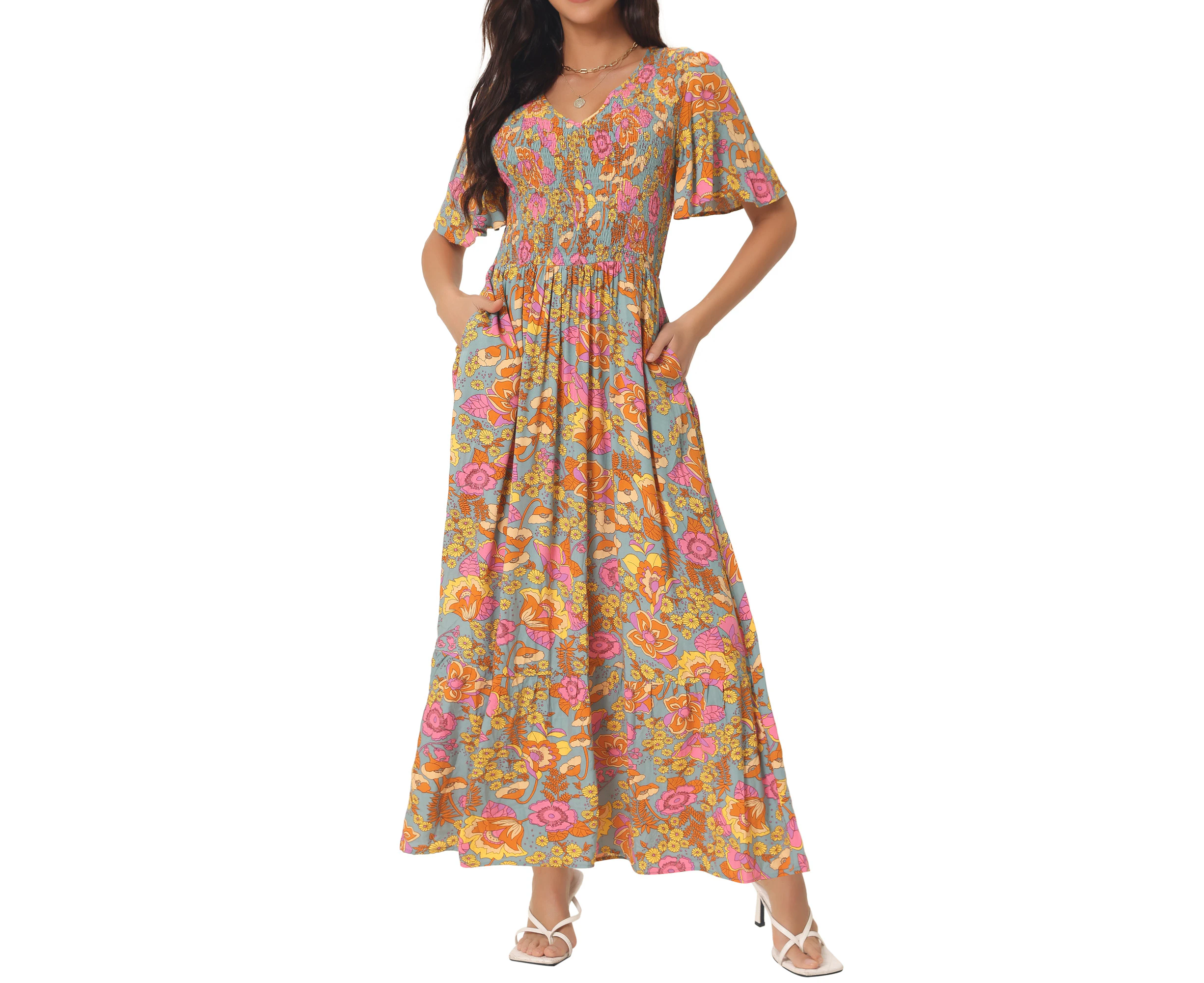 Seta T Summer Floral V Neck Smocked Flowy Maxi Dress