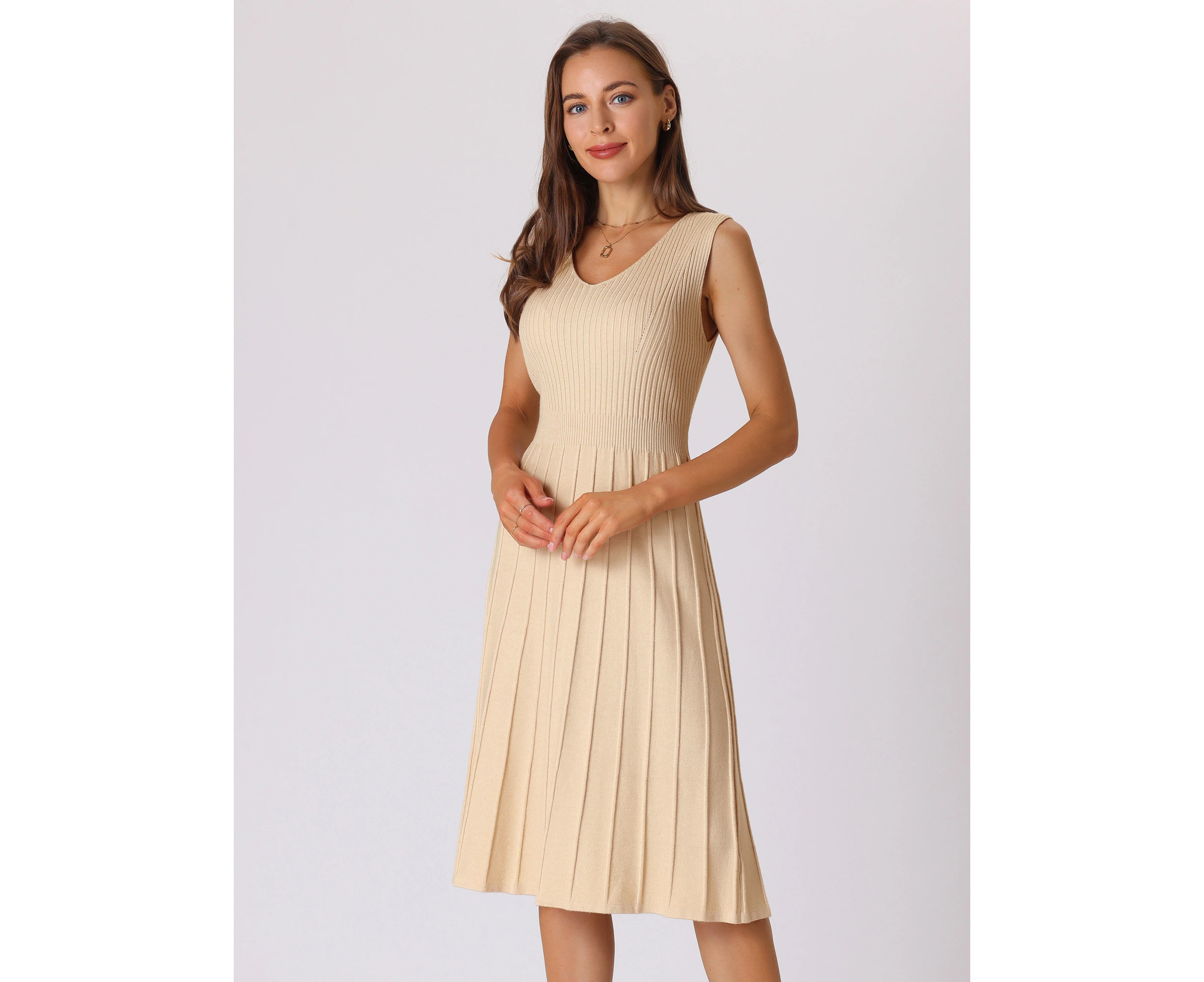 Hobemty Knitted V Neck A-Line Midi Pleated Dress