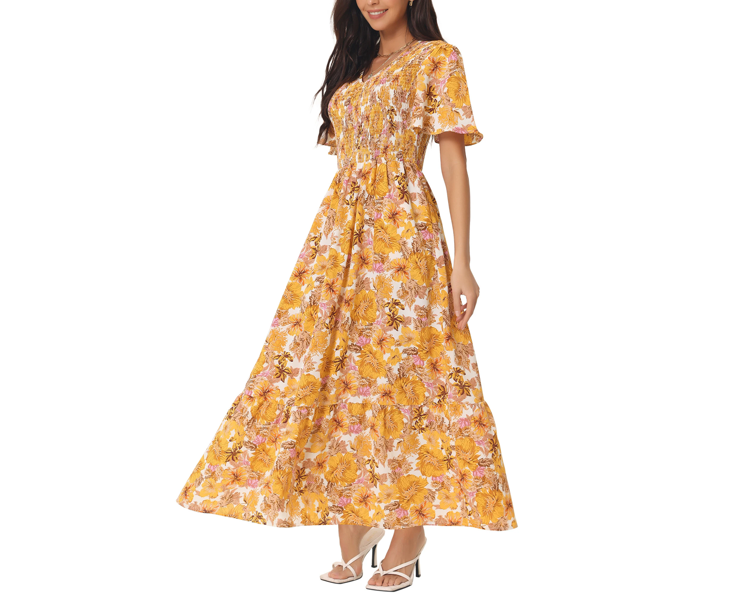 Seta T Summer Floral V Neck Smocked Flowy Maxi Dress