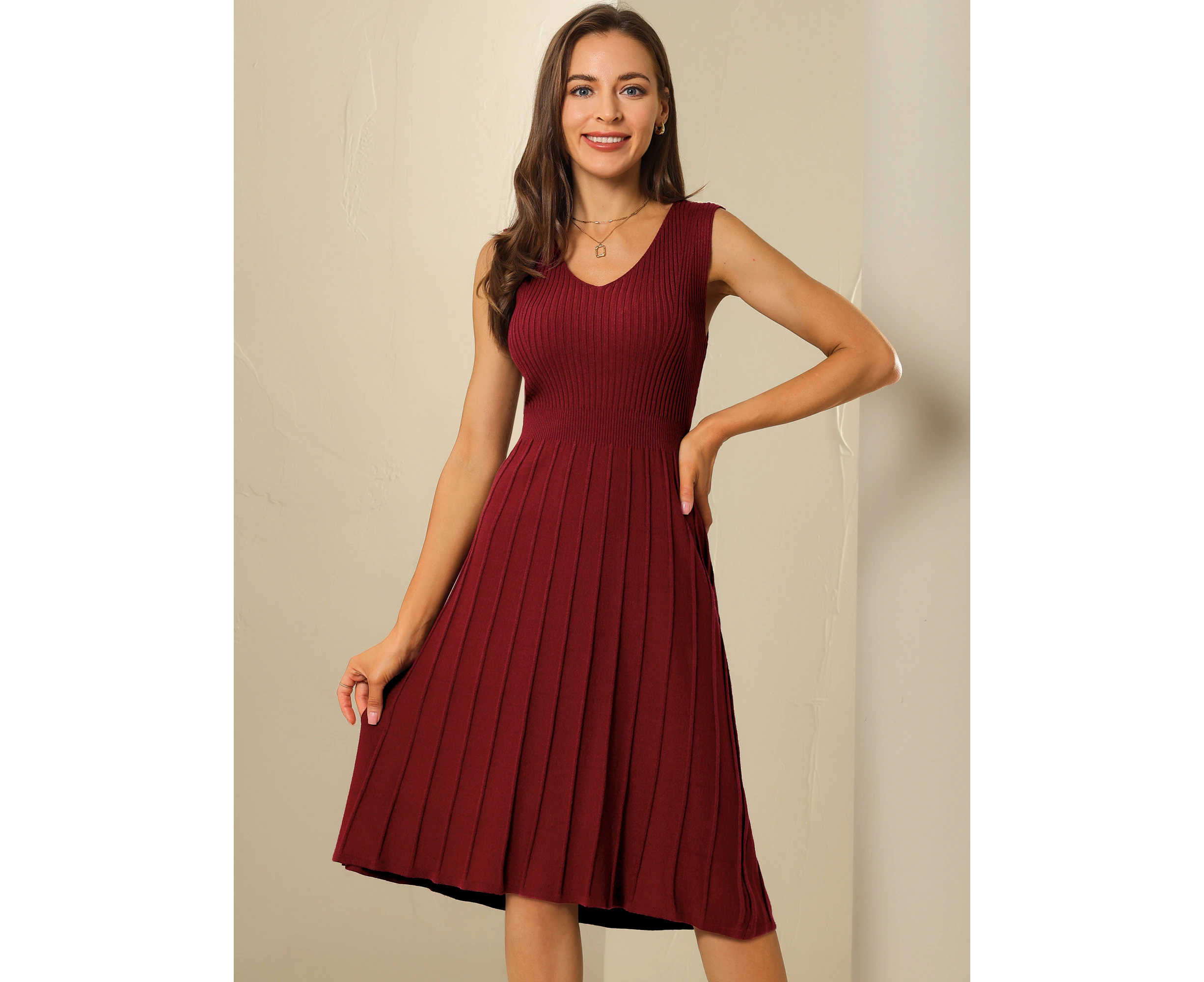 Hobemty Knitted V Neck A-Line Midi Pleated Dress