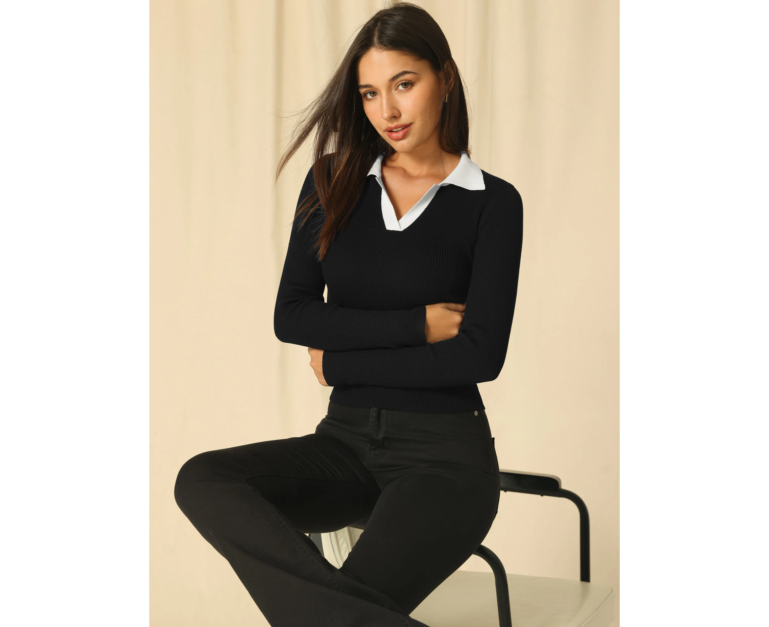 Hobemty V Neck Contrast Color Fitted Polo Knit Top