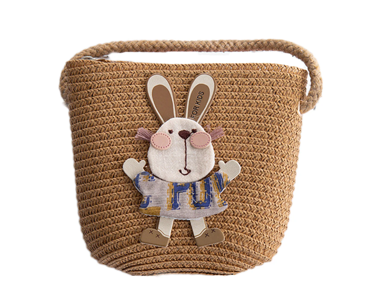 Kids Summer Cartoon Rabbit Straw Messenger Bags Mini Beach Bag Children Kid Croosbody Shoulder Bag（Khaki）