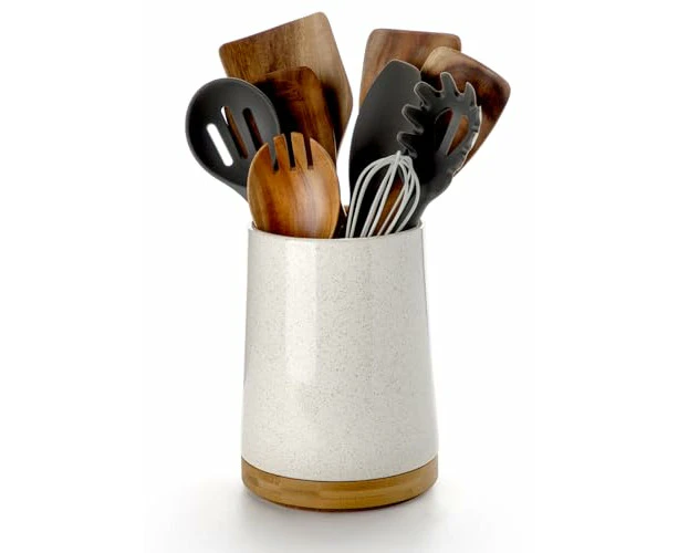 360° Rotating Utensils Holder 8.2" Extra High Large Ceramic Kitchen Utensil Holder with Countertop-Protection Cork Bottom