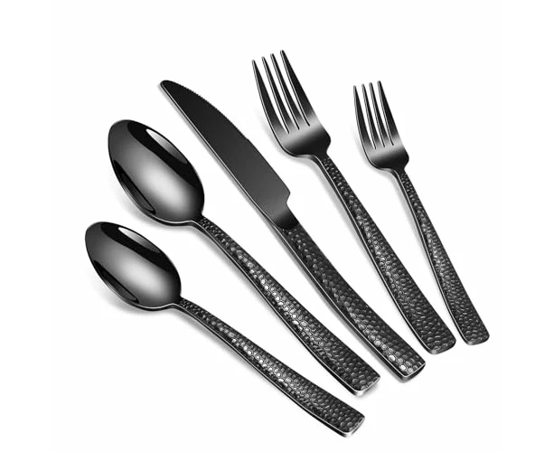 40-Piece Silverware Set, Black Hammered Stainless Steel Flatware Sets for 8