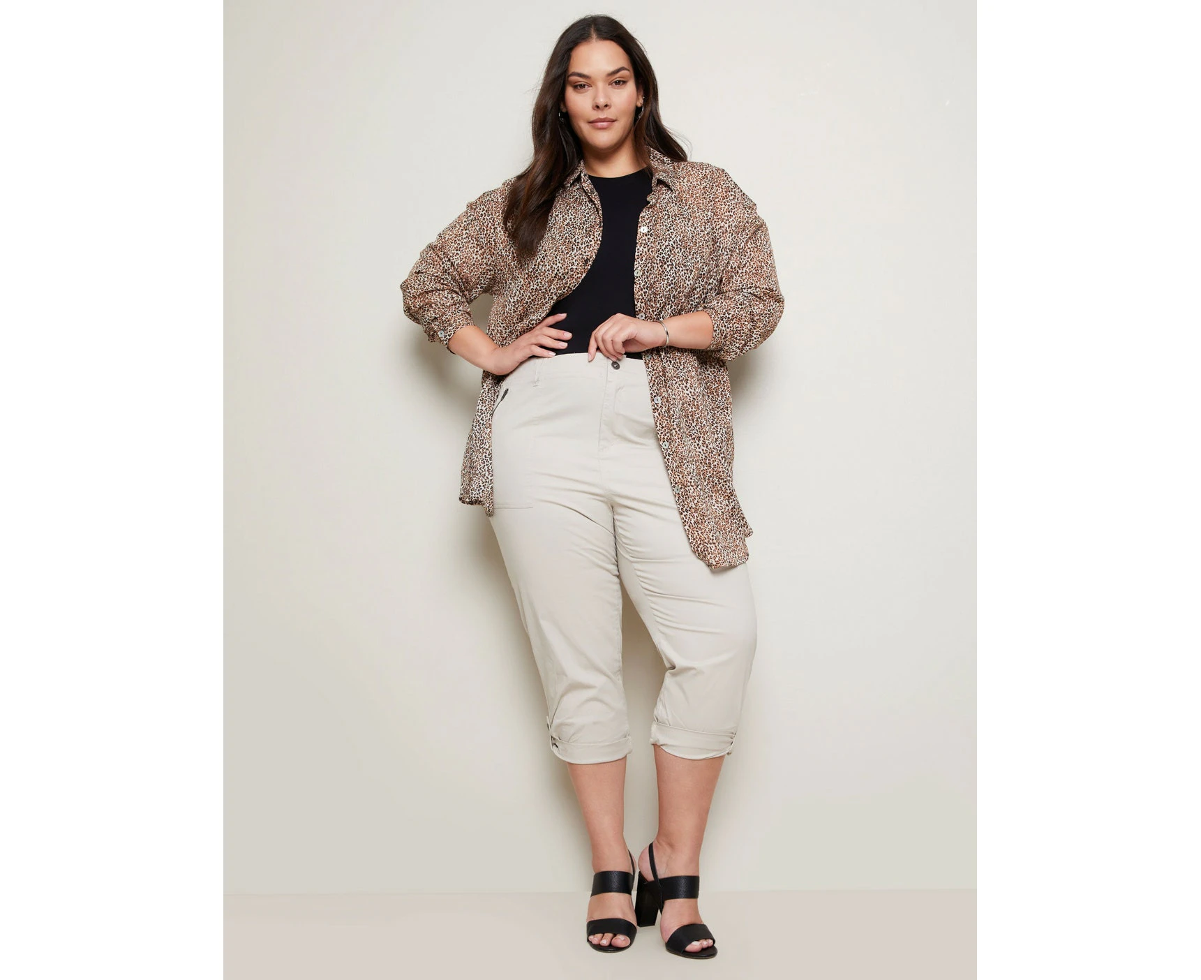 Autograph - Plus Size - Womens Pants - Beige Summer Cropped - Slim Leg Cotton - Stone - Mid Waist - Elastane - Woven - Double Layer - Fashion Trousers